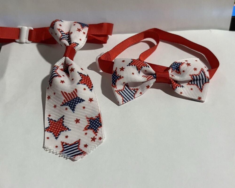 Bow Tie Necktie Set Independent Day July Fourth USA Flag Stars Dog Cat 7"+